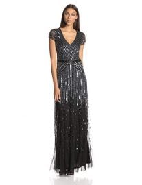 Adrianna Papell Women s Long Beaded V-Neck Dress With Cap Sleeves and Waistband at Amazon